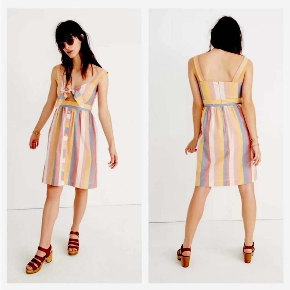MADEWELL DRESS SIZE 0 STRIPED FRONT TIE CUTOUT MIDI BLUE PINK YELLOW SHE…